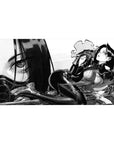 Anime girl desk pad 40x20 inches with noir ink-wash art, bold linework, armor and glossy leggings.