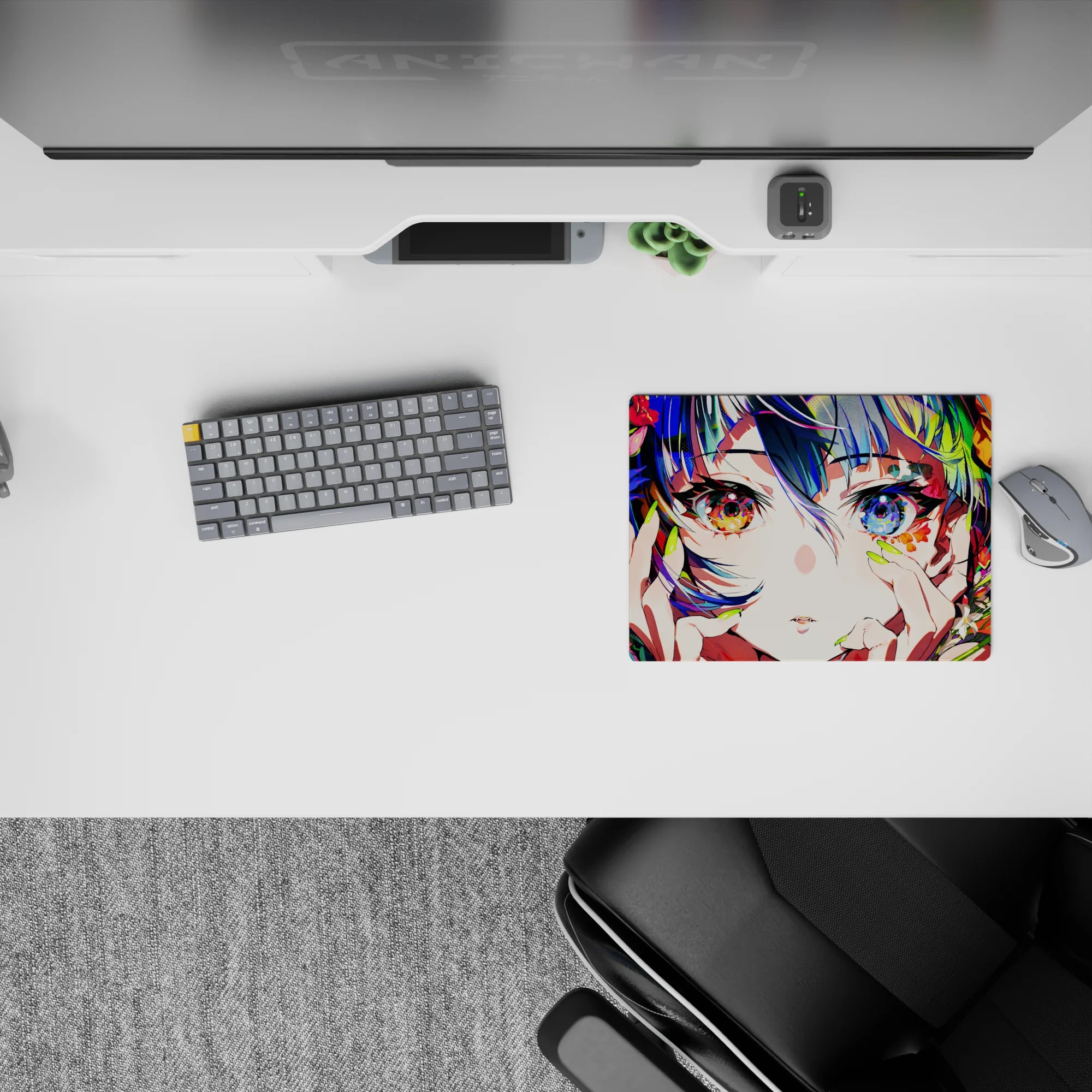 Vibrant 14x10 inches anime girl mouse pad in dreamy neon tones, amber and sapphire eyes, glossy highlights.
