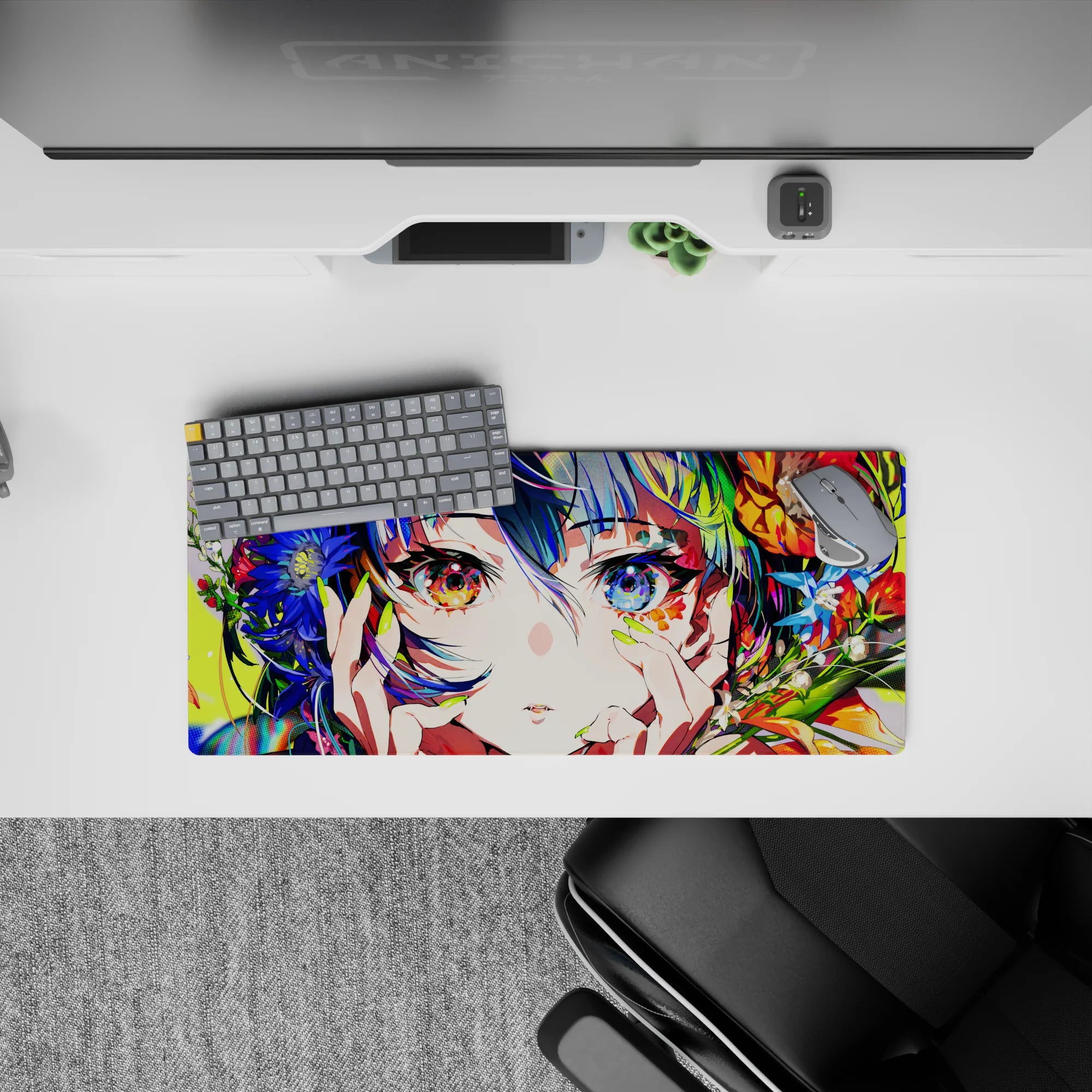 28x12 inches desk mouse pad in vibrant floral neon, teal-violet hair, glossy highlights, dreamy vibe.