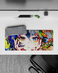 28x12 inches desk mouse pad in vibrant floral neon, teal-violet hair, glossy highlights, dreamy vibe.