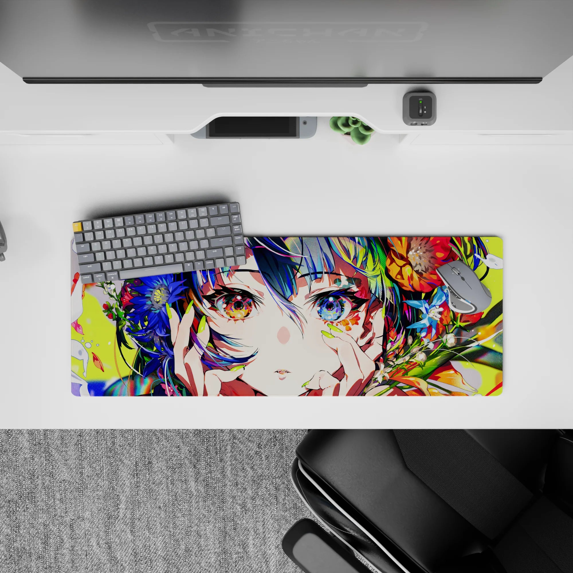 32x12 inches desk mouse pad in bright floral neon hues, teal-violet hair, glossy highlights, dreamy vibe.