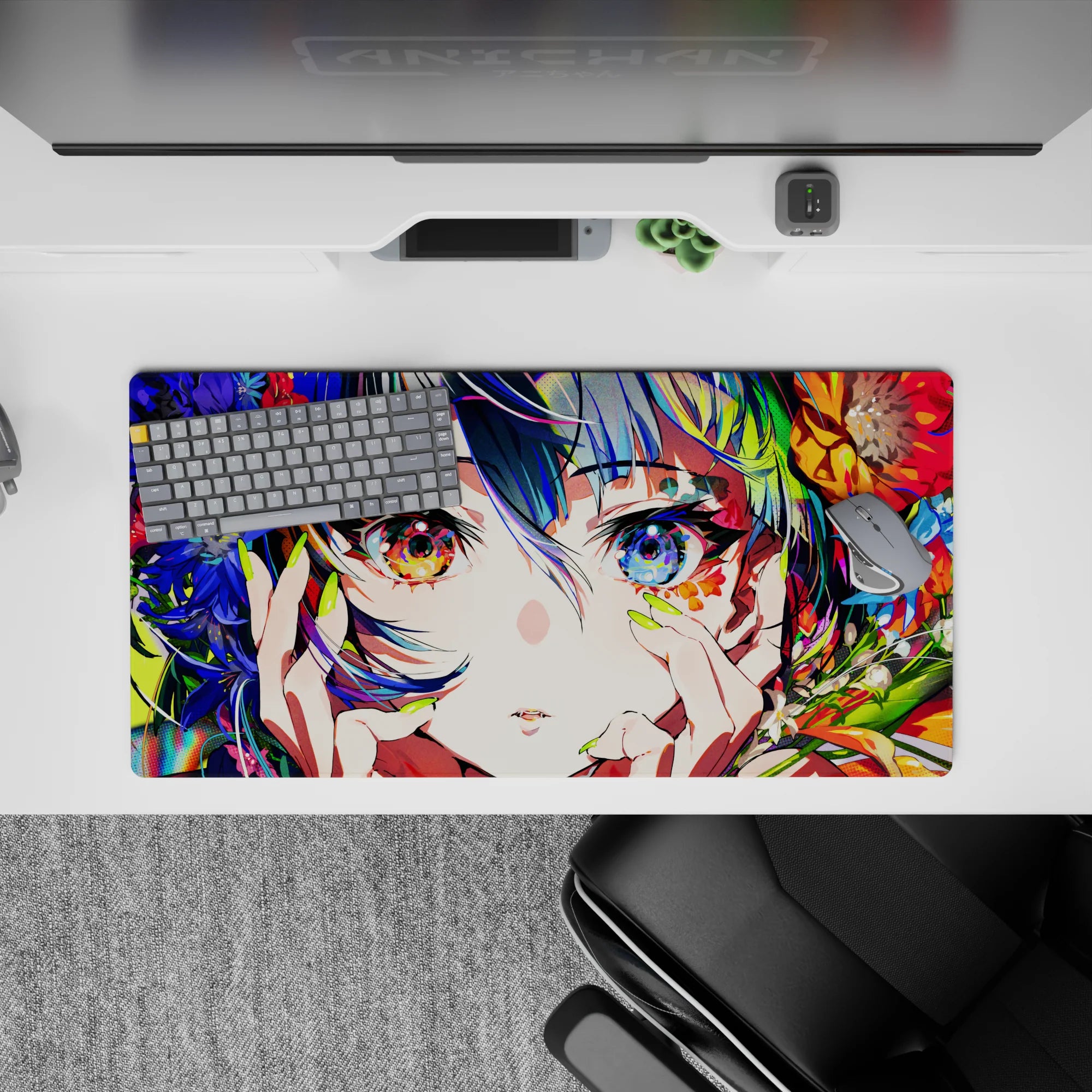 32x16 inches anime desk mat in vibrant blooms, amber and sapphire eyes, dreamy sparkle mood.
