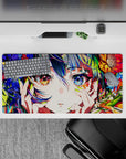 32x16 inches anime desk mat in vibrant blooms, amber and sapphire eyes, dreamy sparkle mood.