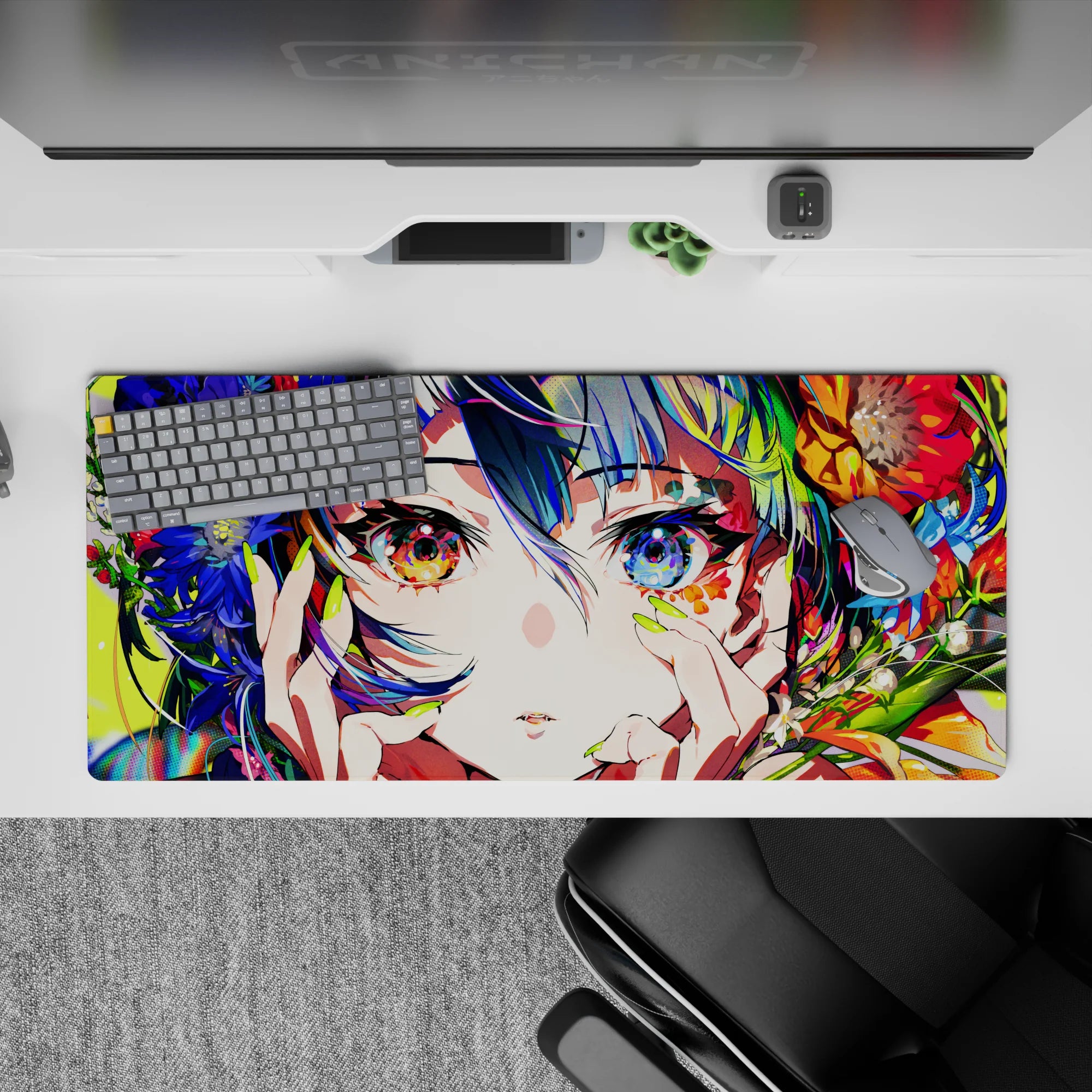 Vibrant 36x16 inches anime desk pad in neon blooms, teal-violet hair, dreamy sparkle highlights.