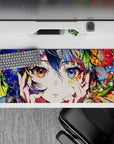 Vibrant 36x16 inches anime desk pad in neon blooms, teal-violet hair, dreamy sparkle highlights.