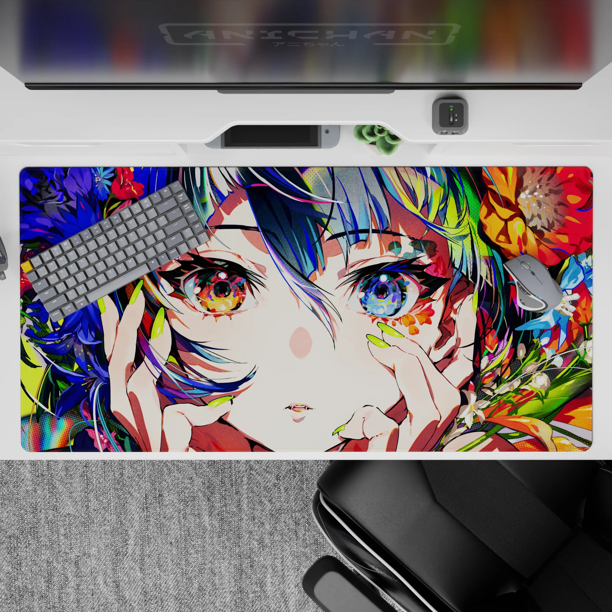 Vibrant 40x20 inches anime desk pad in teal, violet, amber and sapphire glow with dreamy glossy highlights.