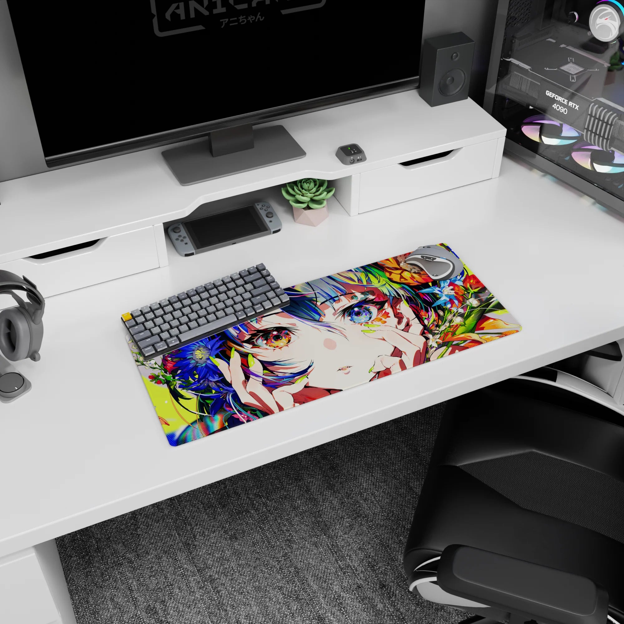 28x12 inches mouse pad showing an anime girl cradling her cheeks, amber and sapphire eyes, flowers.