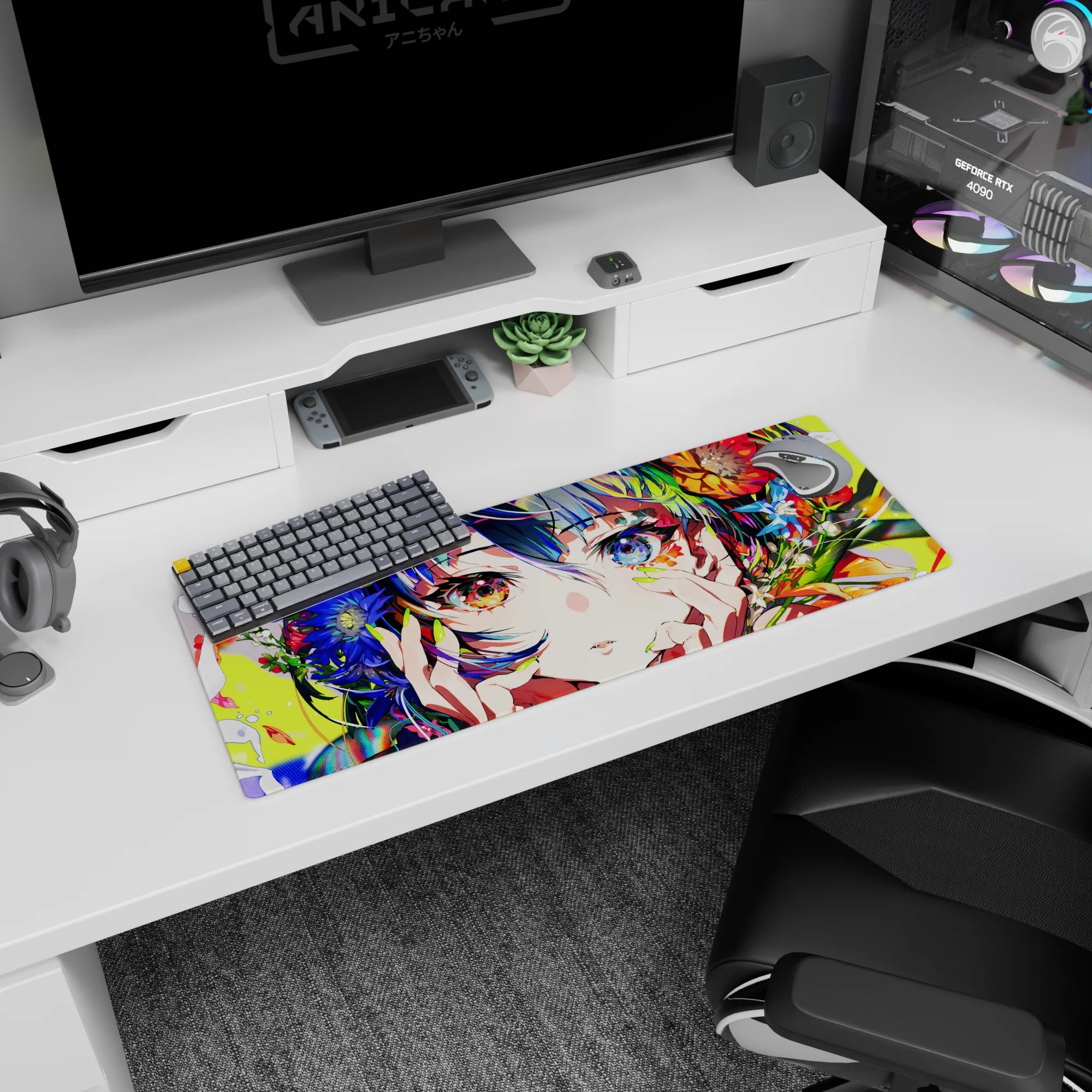 32x12 inches anime girl mouse pad close-up: hands on cheeks, amber and sapphire eyes, sparkles and petals.