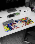 32x12 inches anime girl mouse pad close-up: hands on cheeks, amber and sapphire eyes, sparkles and petals.
