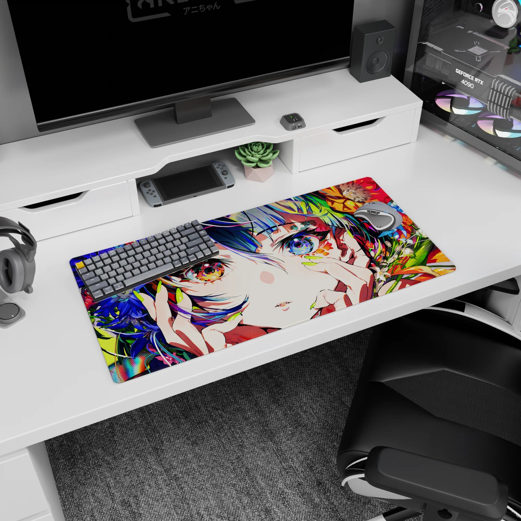 32x16 inches mouse pad featuring anime girl holding her cheeks, starry heterochromia, teal-violet hair.
