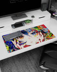 32x16 inches mouse pad featuring anime girl holding her cheeks, starry heterochromia, teal-violet hair.
