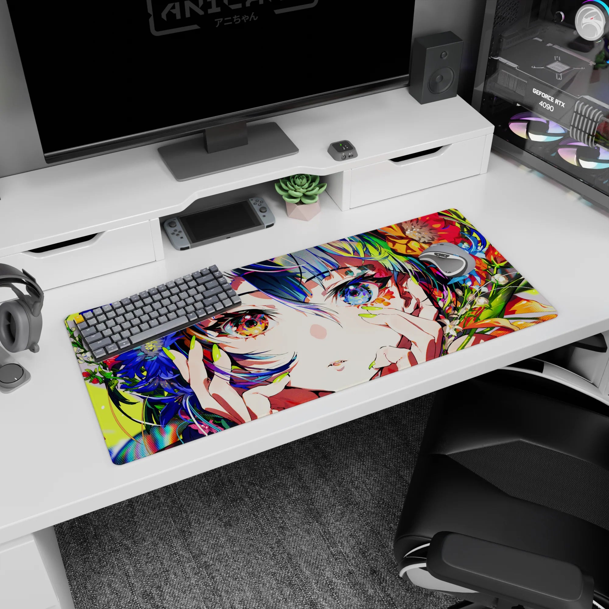 Close-up 36x16 inches anime girl desk pad, mismatched amber and sapphire eyes, hands on cheeks.