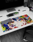 Close-up 36x16 inches anime girl desk pad, mismatched amber and sapphire eyes, hands on cheeks.