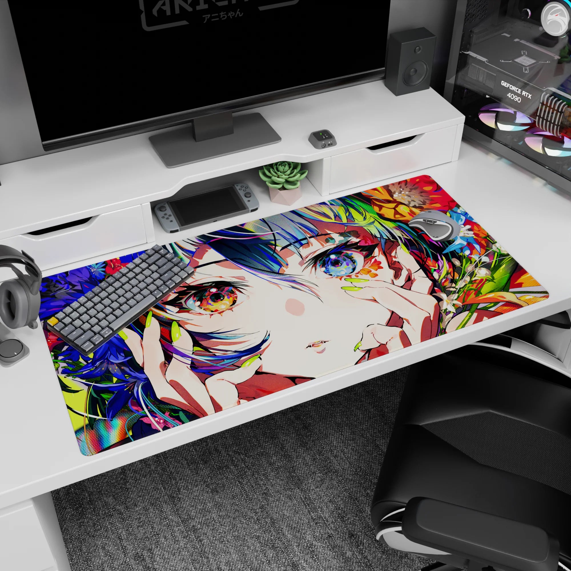 Close-up anime girl desk pad 40x20 inches, cheeks cradled by neon nails, framed by bright petals.