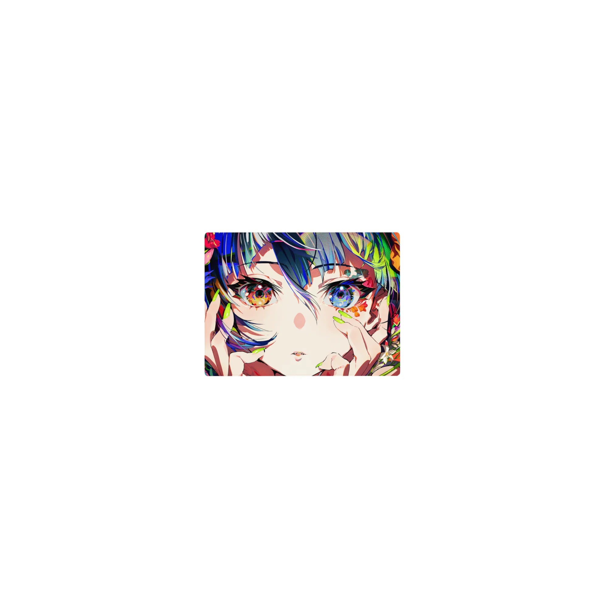 Classic anime girl mouse pad 14x10 inches with wild flowers, neon green nails, and mismatched starry eyes.
