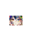 Classic anime girl mouse pad 14x10 inches with wild flowers, neon green nails, and mismatched starry eyes.