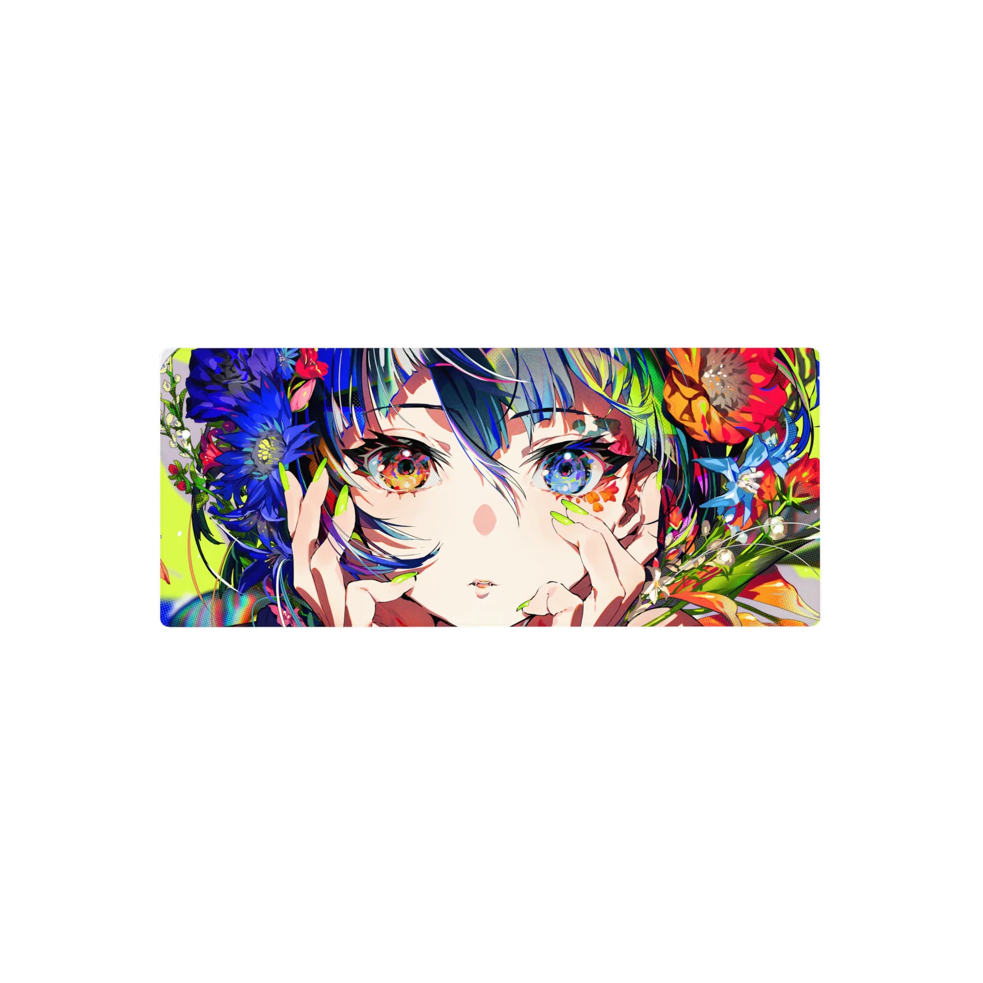 28x12 inches anime girl mouse pad with wild blooms, neon green nails, and mismatched starry eyes.
