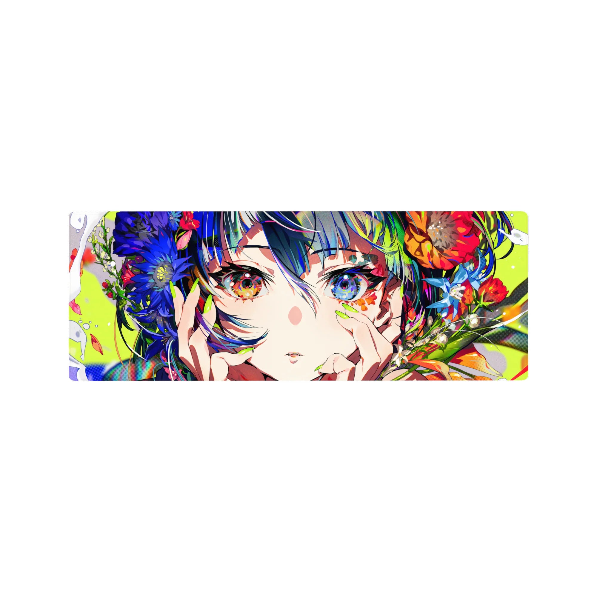 32x12 inches anime girl mouse pad with wild blooms, neon green nails, and mismatched starry eyes.