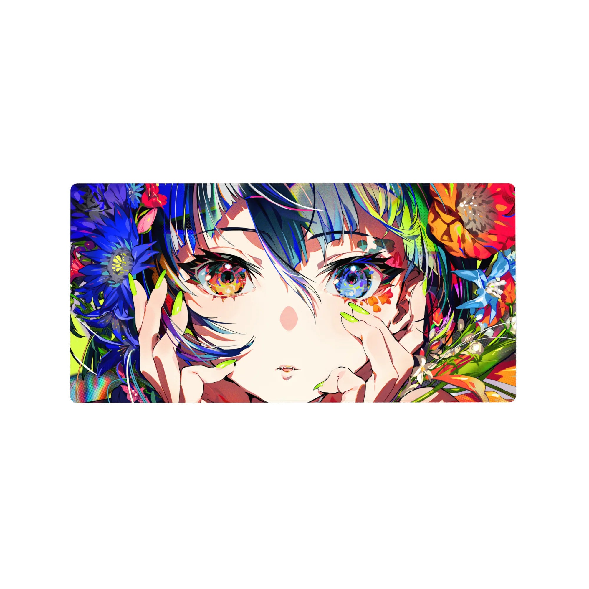 32x16 inches anime girl mouse pad with floral frame, neon green nails, and glossy art print style.
