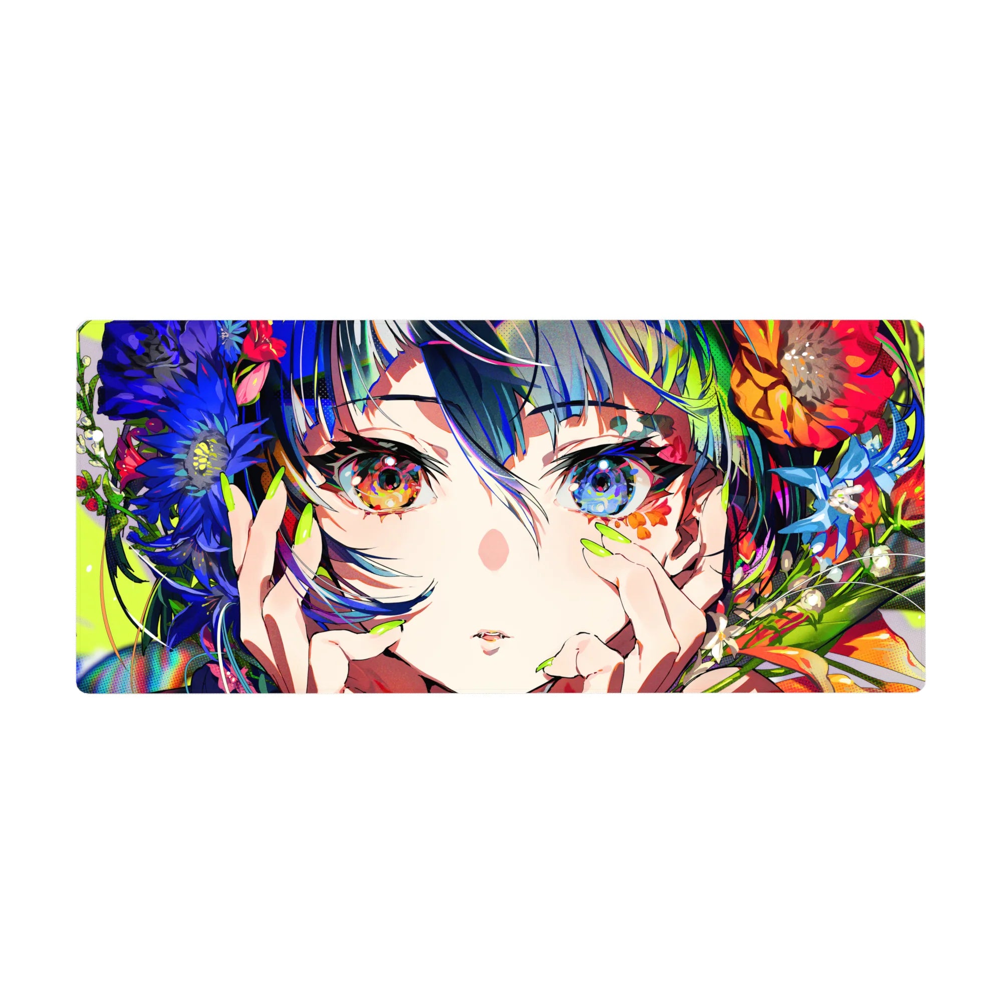 Anime girl desk pad 36x16 inches with wild flowers, neon green nails, and glossy art-print detail.