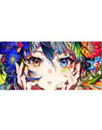 Anime girl desk pad 36x16 inches with wild flowers, neon green nails, and glossy art-print detail.