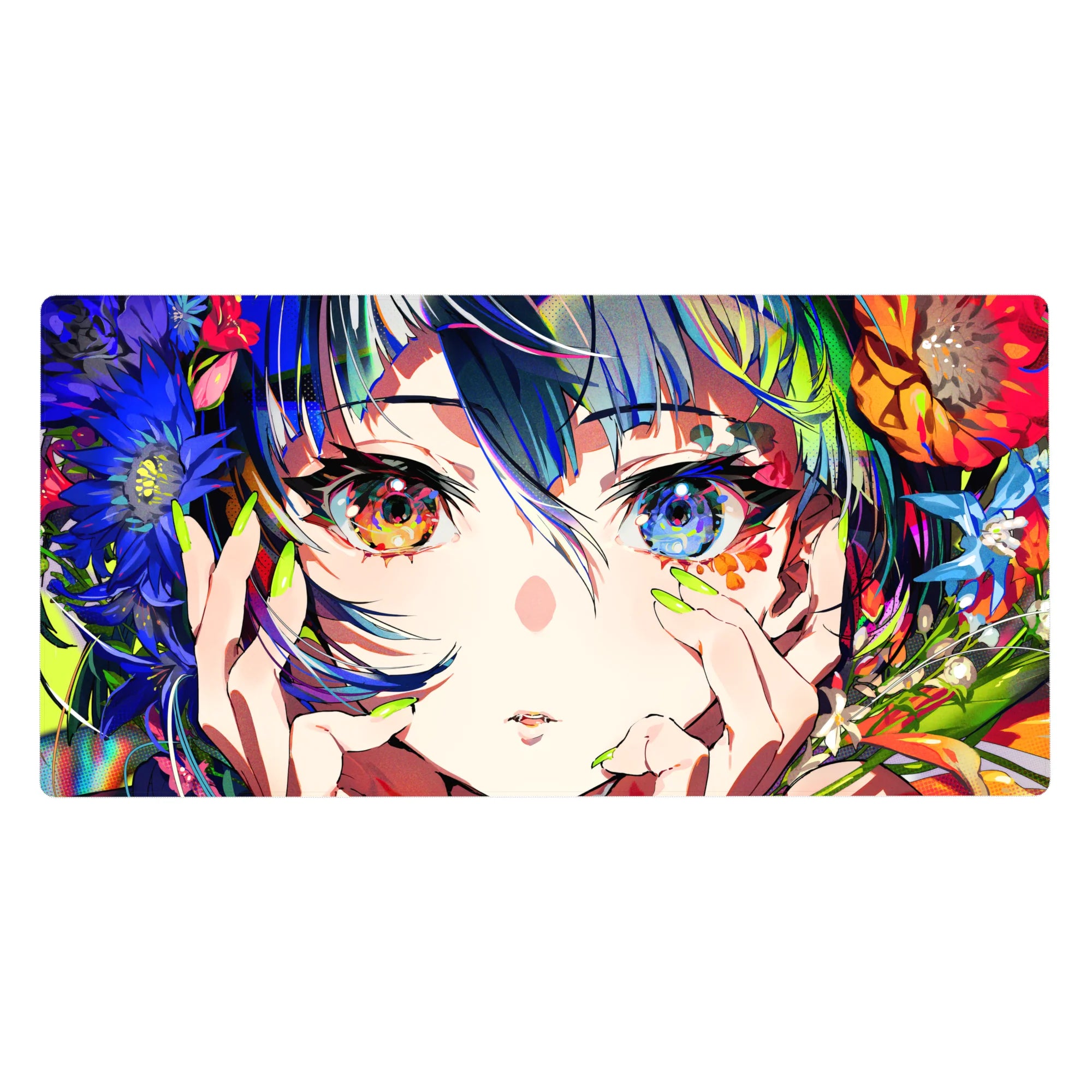 Anime girl desk pad 40x20 inches with wild blooms, starry heterochromia eyes, and neon green nails.