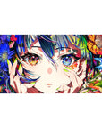Anime girl desk pad 40x20 inches with wild blooms, starry heterochromia eyes, and neon green nails.