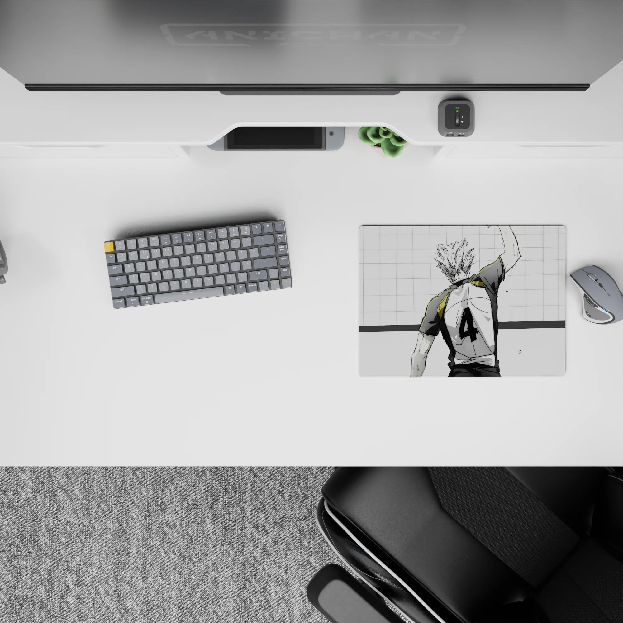 14x10 inches classic anime mouse pad in clean white and charcoal tones with gold collar accent, match-point energy.