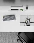 14x10 inches classic anime mouse pad in clean white and charcoal tones with gold collar accent, match-point energy.