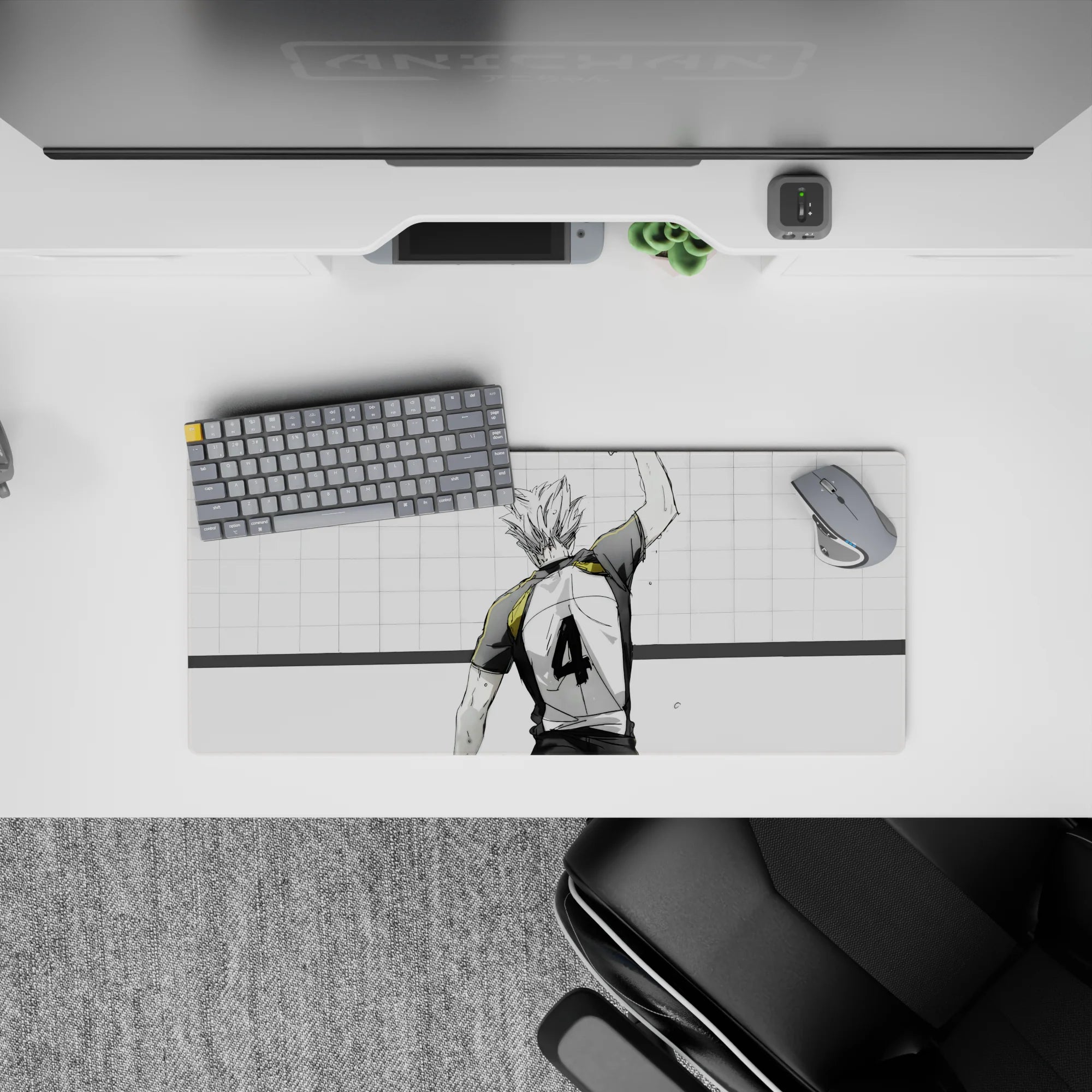 28x12 inches anime mouse pad in clean white and charcoal with sketchy ink texture and a premium gold collar.