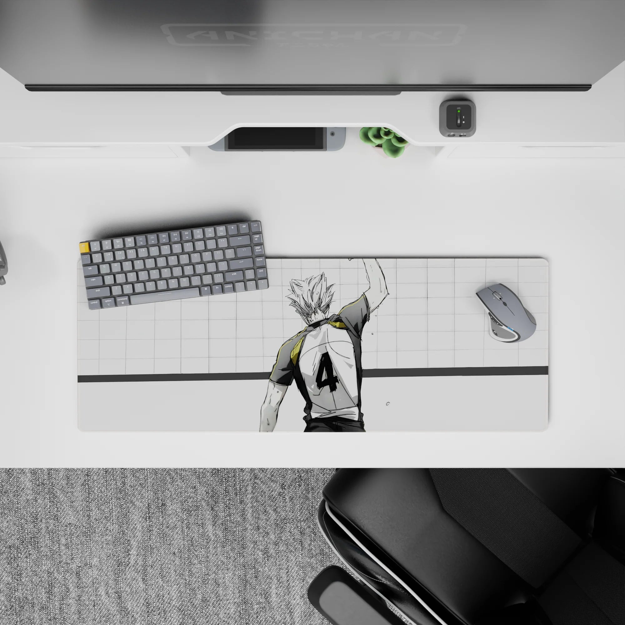 32x12 inches anime mouse pad in clean white and charcoal with sketchy ink texture and premium gold collar.