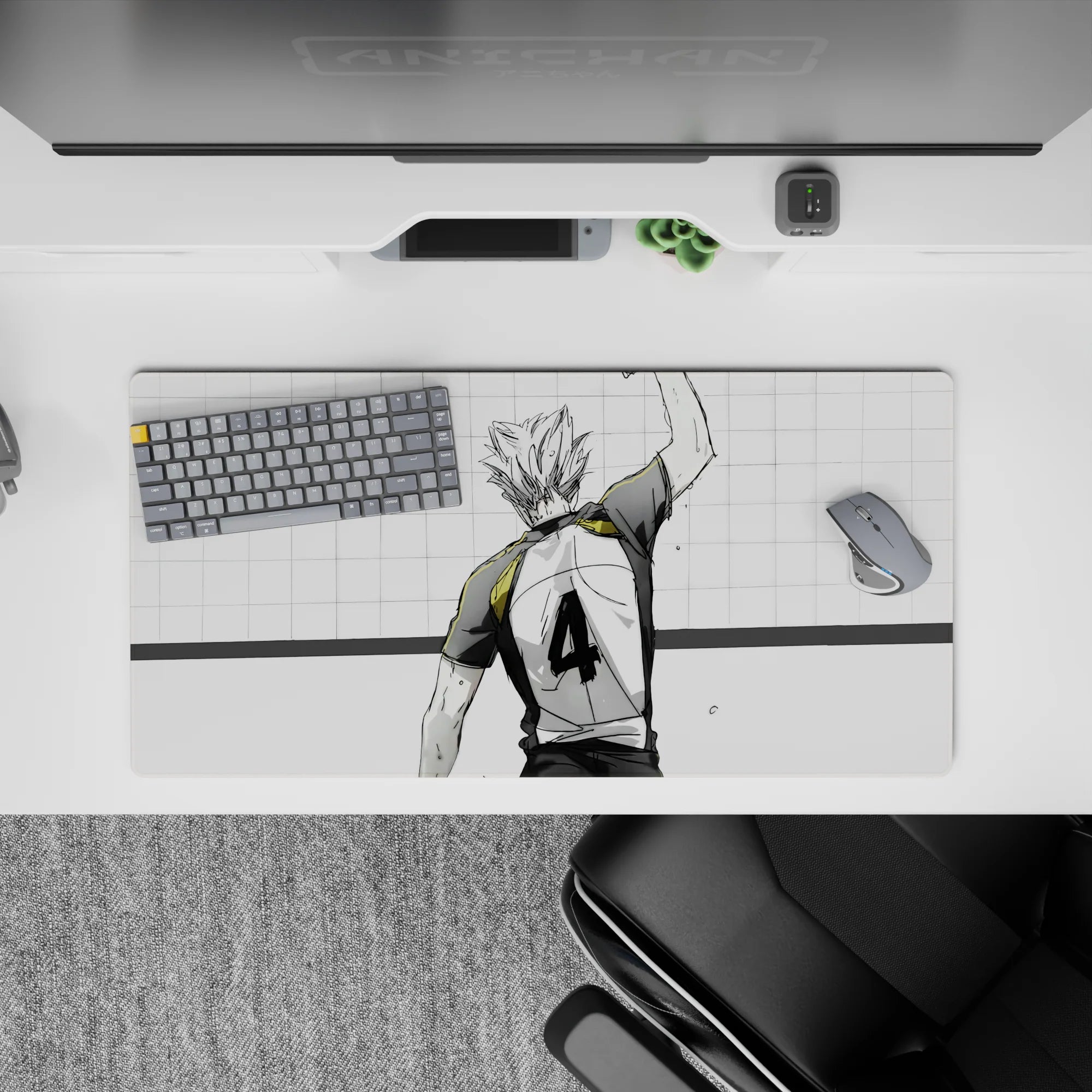 32x16 inches anime mouse pad in white and charcoal with gold collar, sketchy ink texture, match-point vibe.