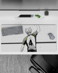32x16 inches anime mouse pad in white and charcoal with gold collar, sketchy ink texture, match-point vibe.