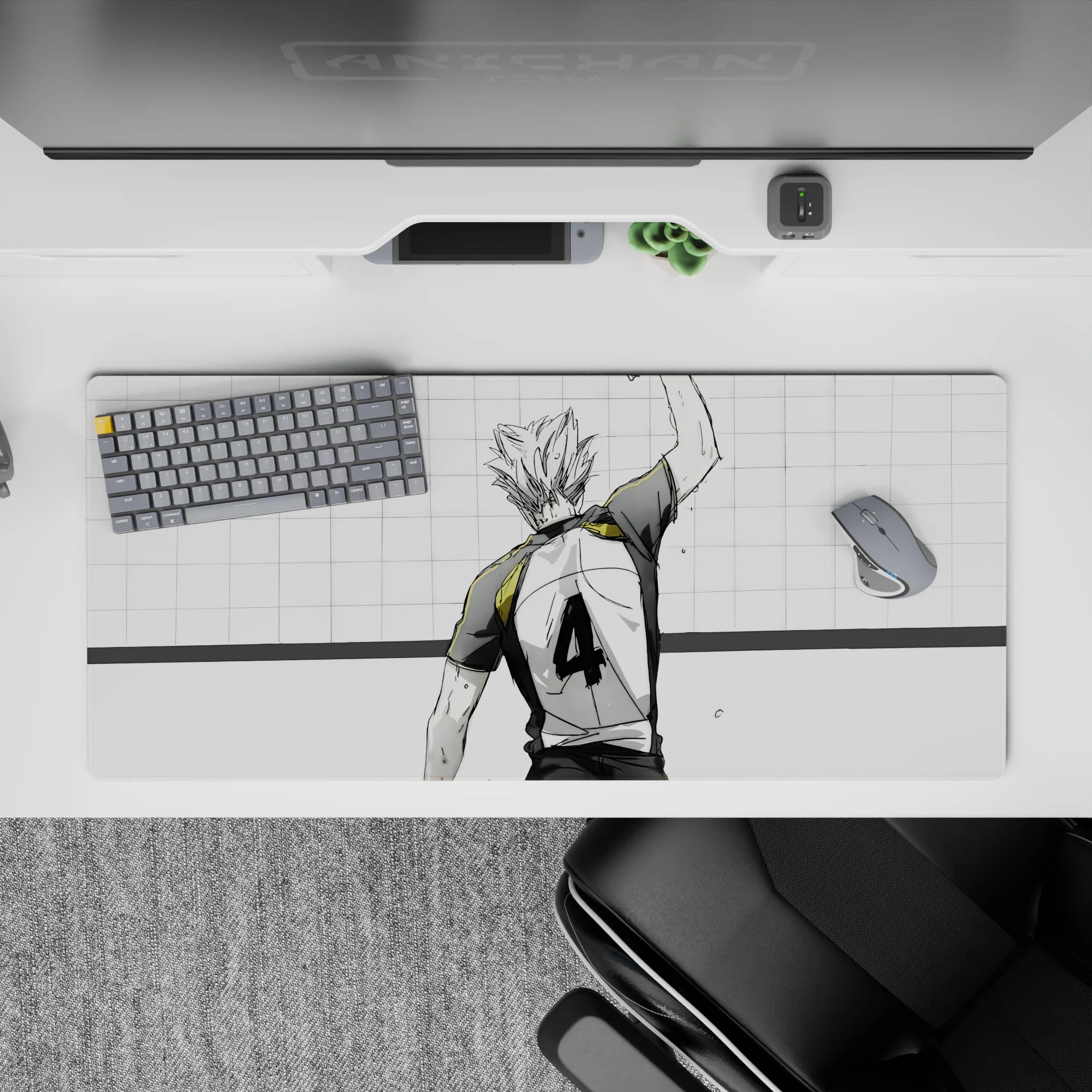 36x16 inches anime mouse pad in clean white and charcoal with premium gold collar accent, bold and confident.