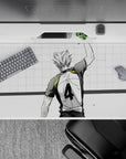 40x20 inches anime mouse pad in white and charcoal with gold collar accent, bold match-point energy.