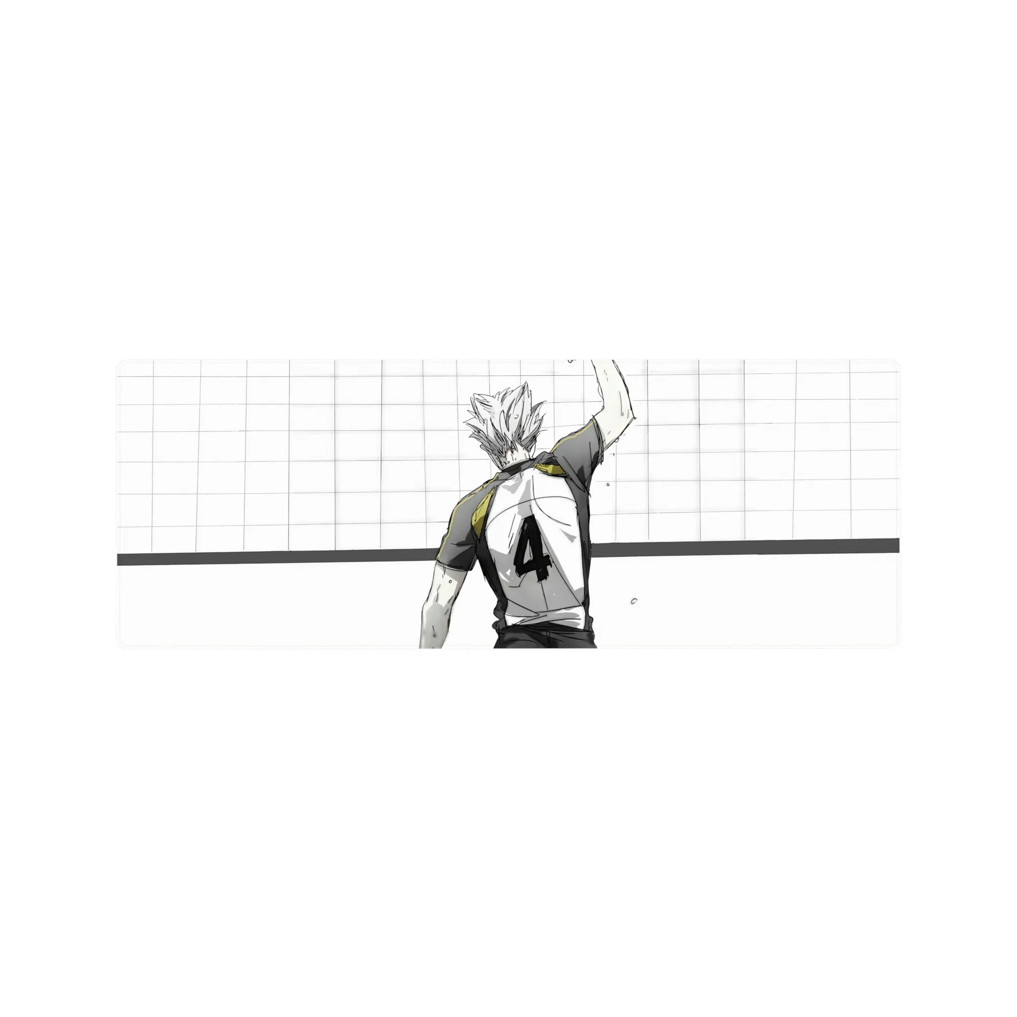 32x12 inches anime volleyball mouse pad with ace silhouette, jersey number 4, minimalist court grid art.