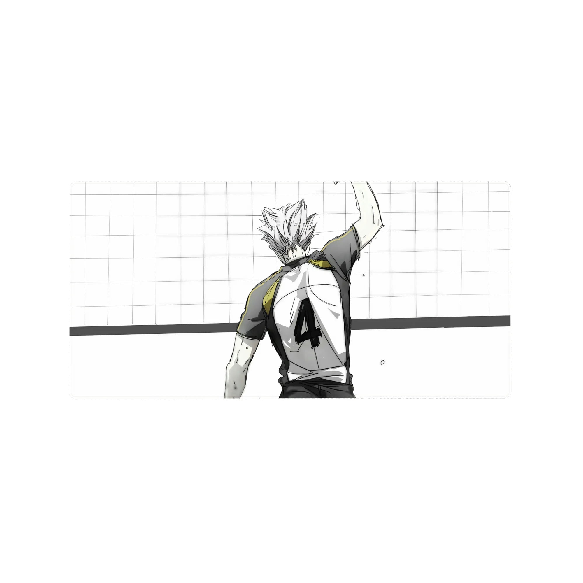 32x16 inches anime mouse pad with volleyball ace back view, raised arm, jersey number 4, court grid.