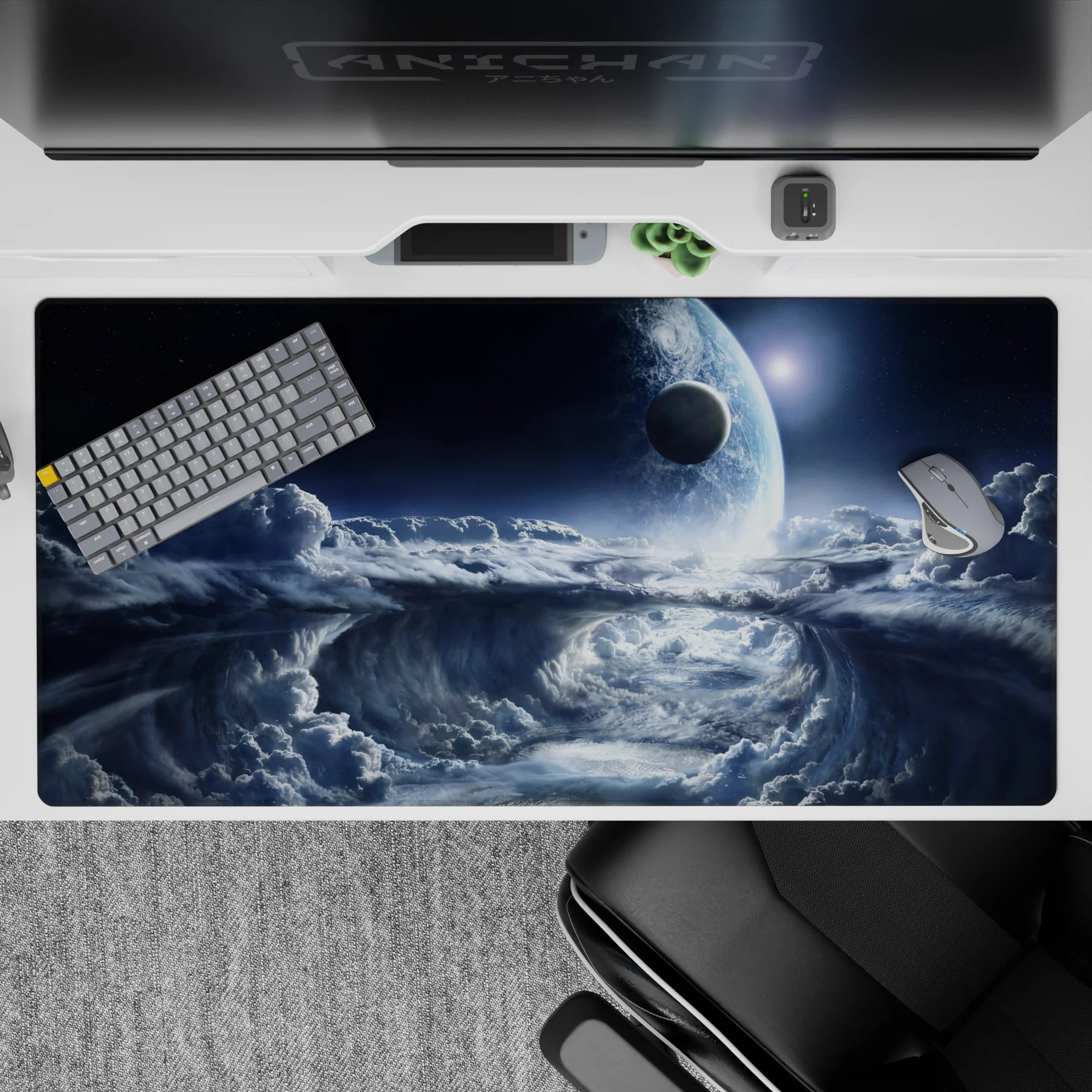 Desk pad 40x20 inches with dreamy midnight sky design, swirling clouds, and glossy moon glow for elegant workspace.