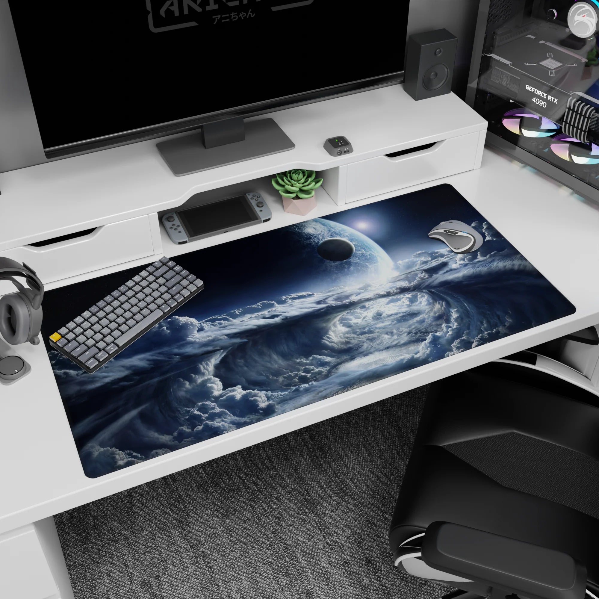 Desk pad 40x20 inches featuring dreamy midnight sky with swirling clouds, soft blues, and moonlit planet.