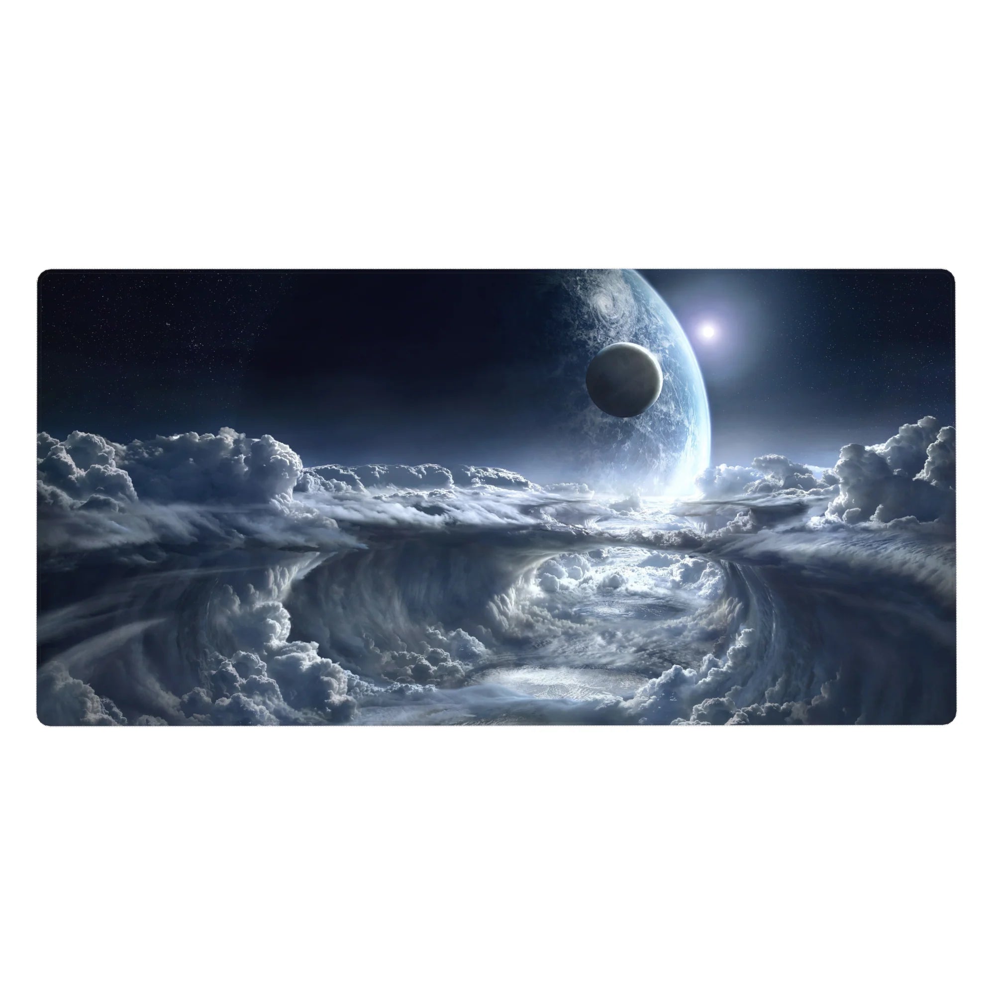 Desk pad 40x20 inches with dreamy midnight sky design, swirling clouds, and soft blue-white tones for elegant desks.