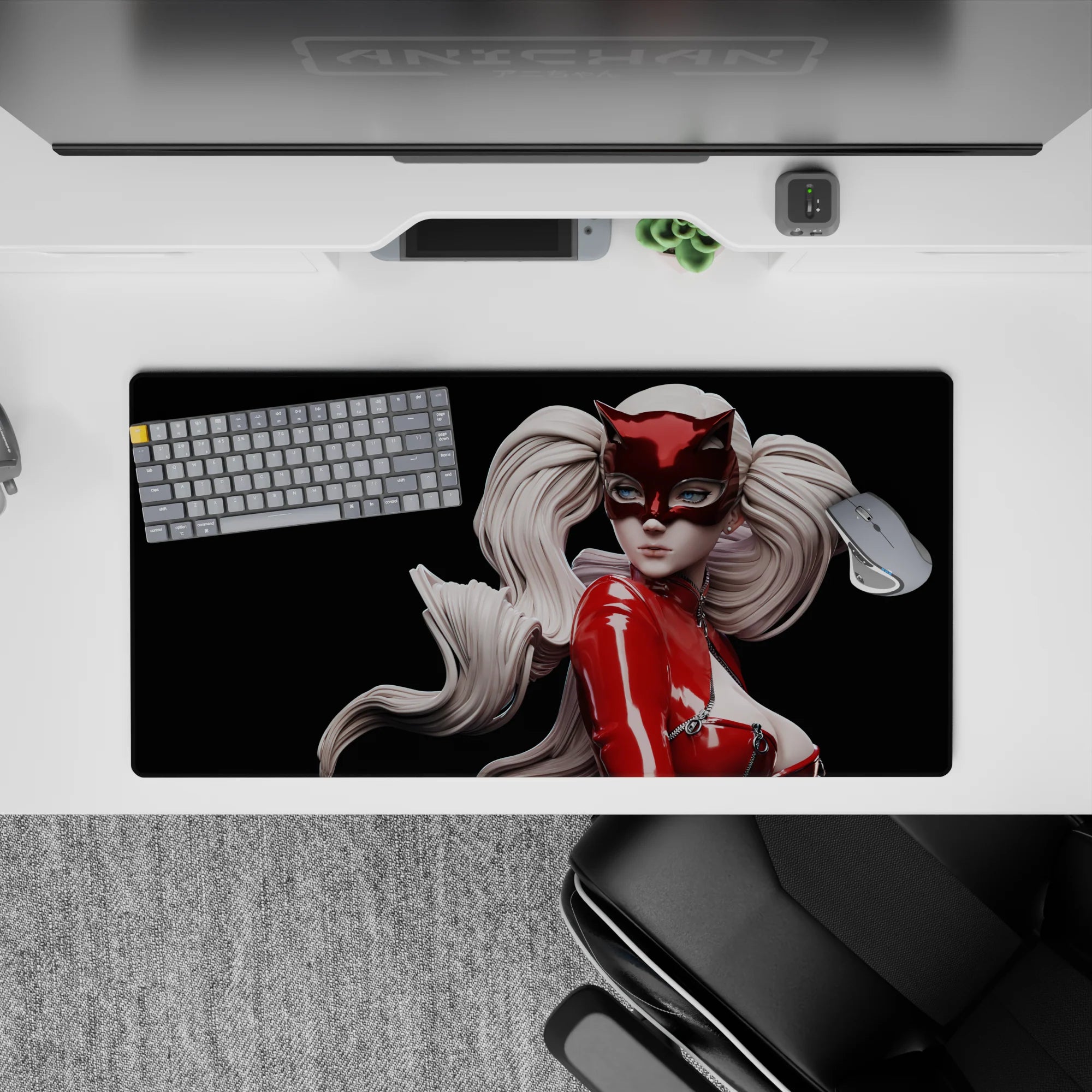 Ann Takamaki Panther Persona 5 mouse pad, 32x16 inches, featuring glossy red latex and surreal porcelain-toned hair.