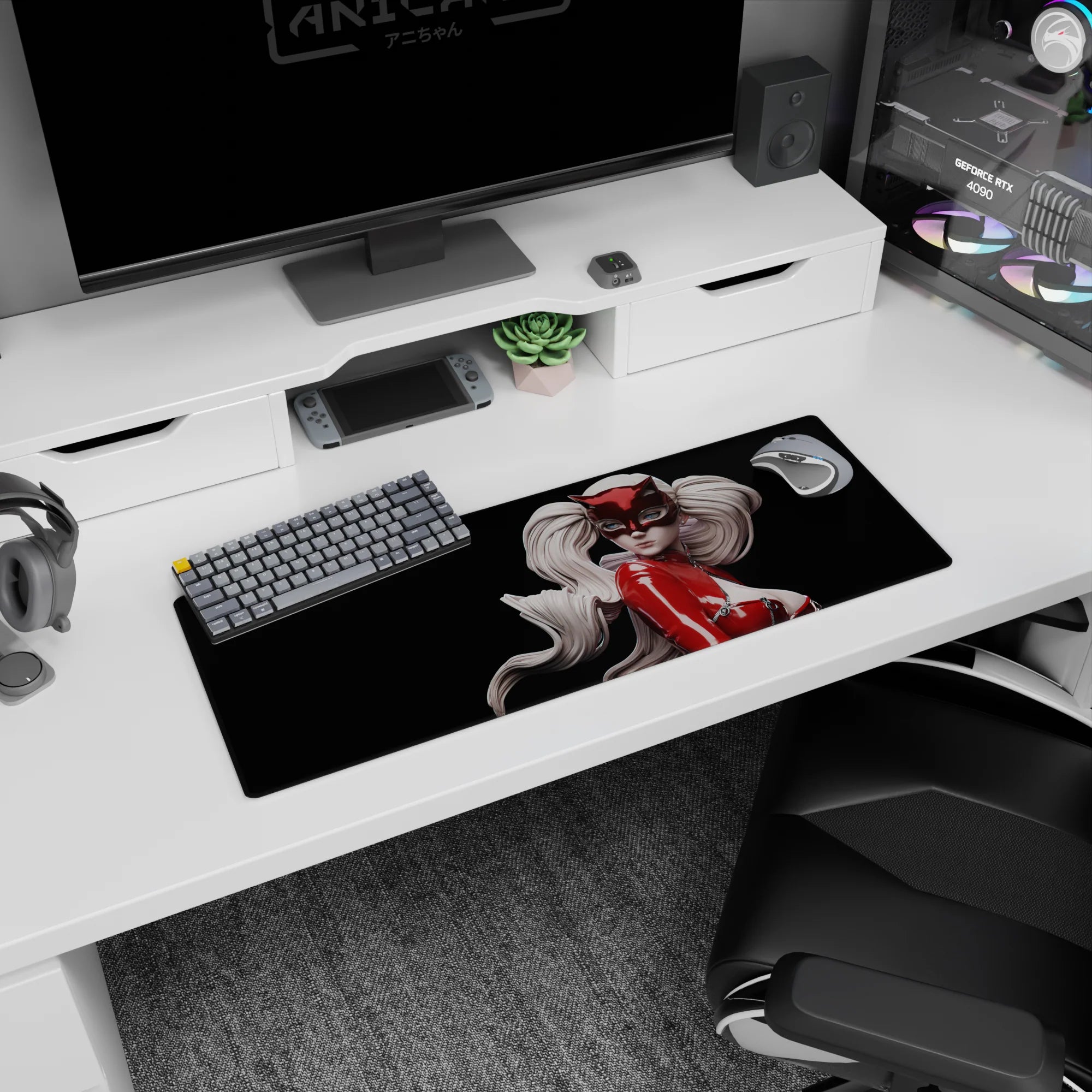 Ann Takamaki Panther 3D mouse pad from Persona 5, 32x12 inches, features glossy red latex and porcelain-toned hair.