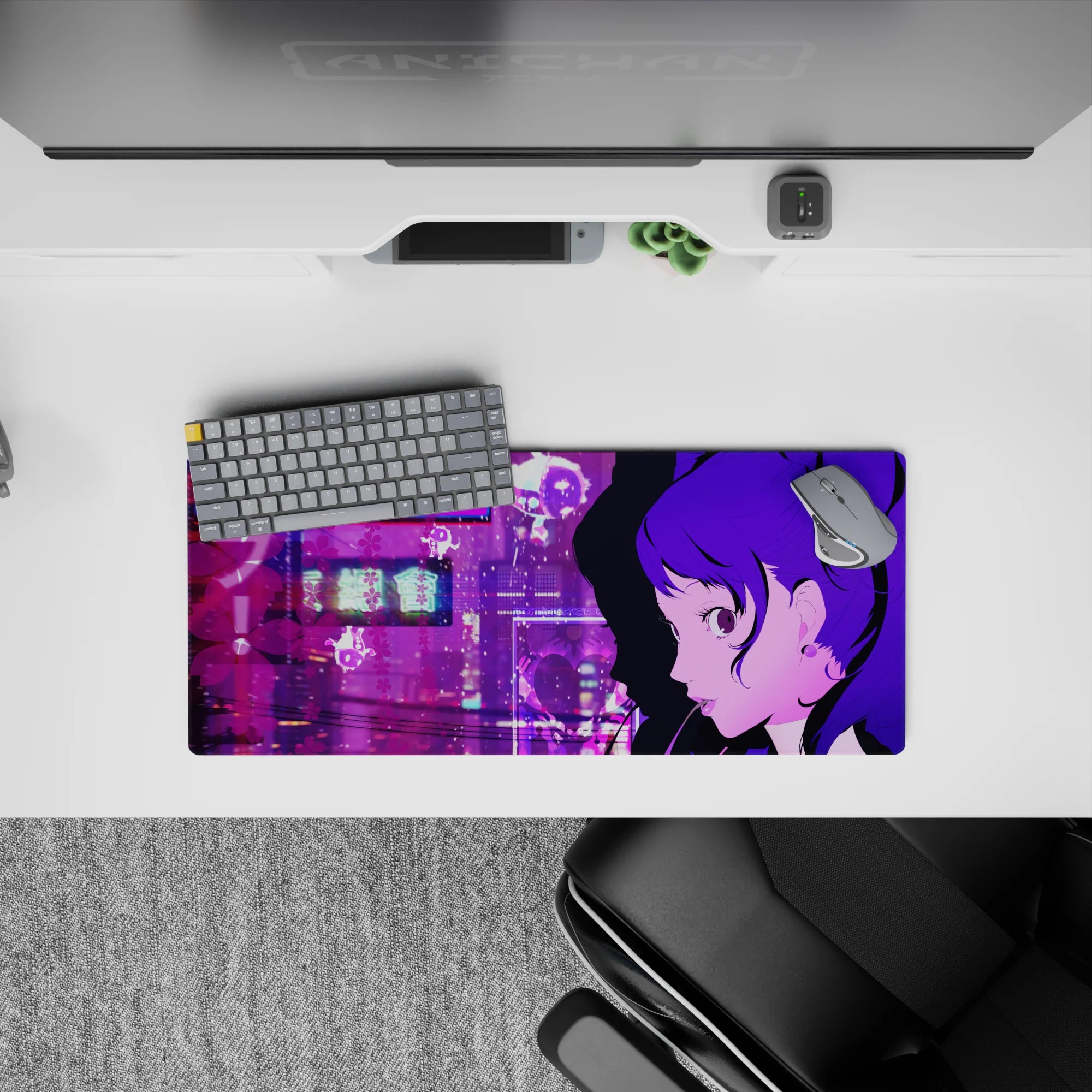 Kasumi Yoshizawa Persona 5 Royal mouse pad, 28x12 inches, with city skyline, cherry blossoms and neon signs, in vibrant purples.