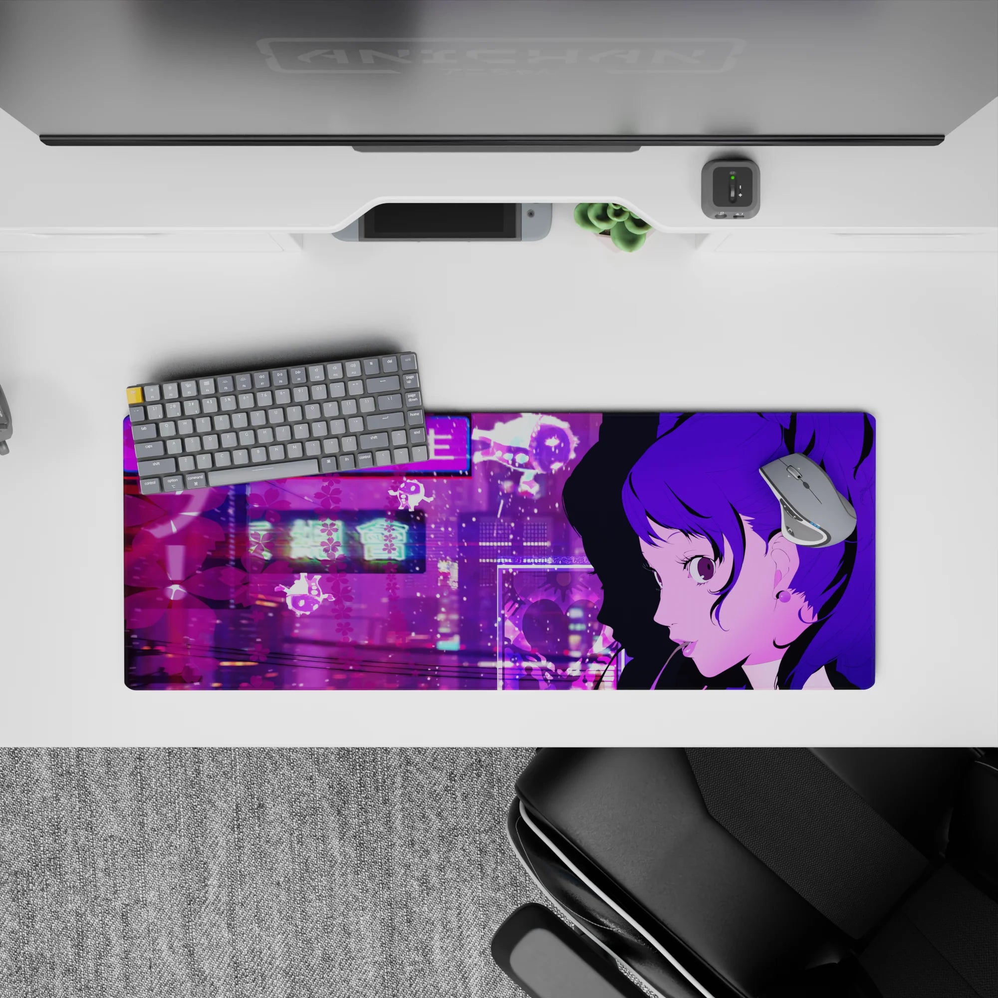 Anime mouse pad 32x12 inches with Kasumi Yoshizawa from Persona 5 Royal, city skyline and cherry blossoms in violet hues.