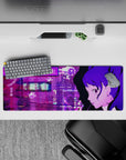 Anime mouse pad 32x12 inches with Kasumi Yoshizawa from Persona 5 Royal, city skyline and cherry blossoms in violet hues.