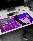 Kasumi Yoshizawa Persona 5 Royal desk pad, 40x20 inches, features neon cityscape and cherry blossoms in violet hues.