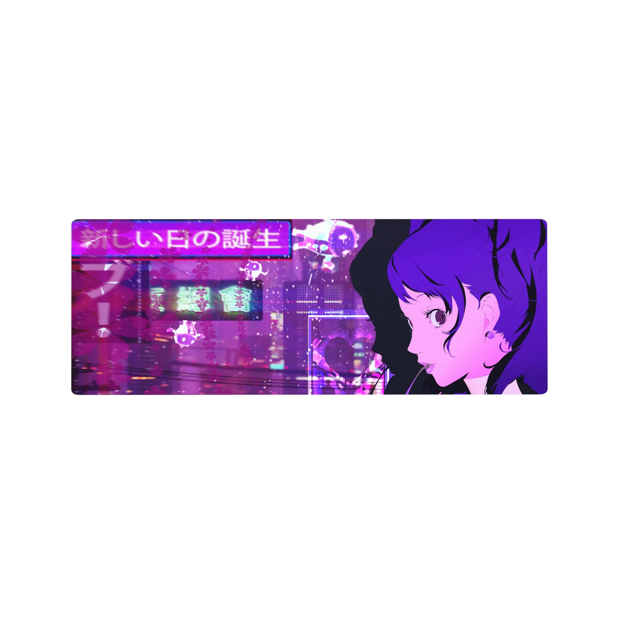 Anime mouse pad 32x12 inches featuring Kasumi Yoshizawa from Persona 5 Royal, city skyline dreamscape, cherry blossoms.