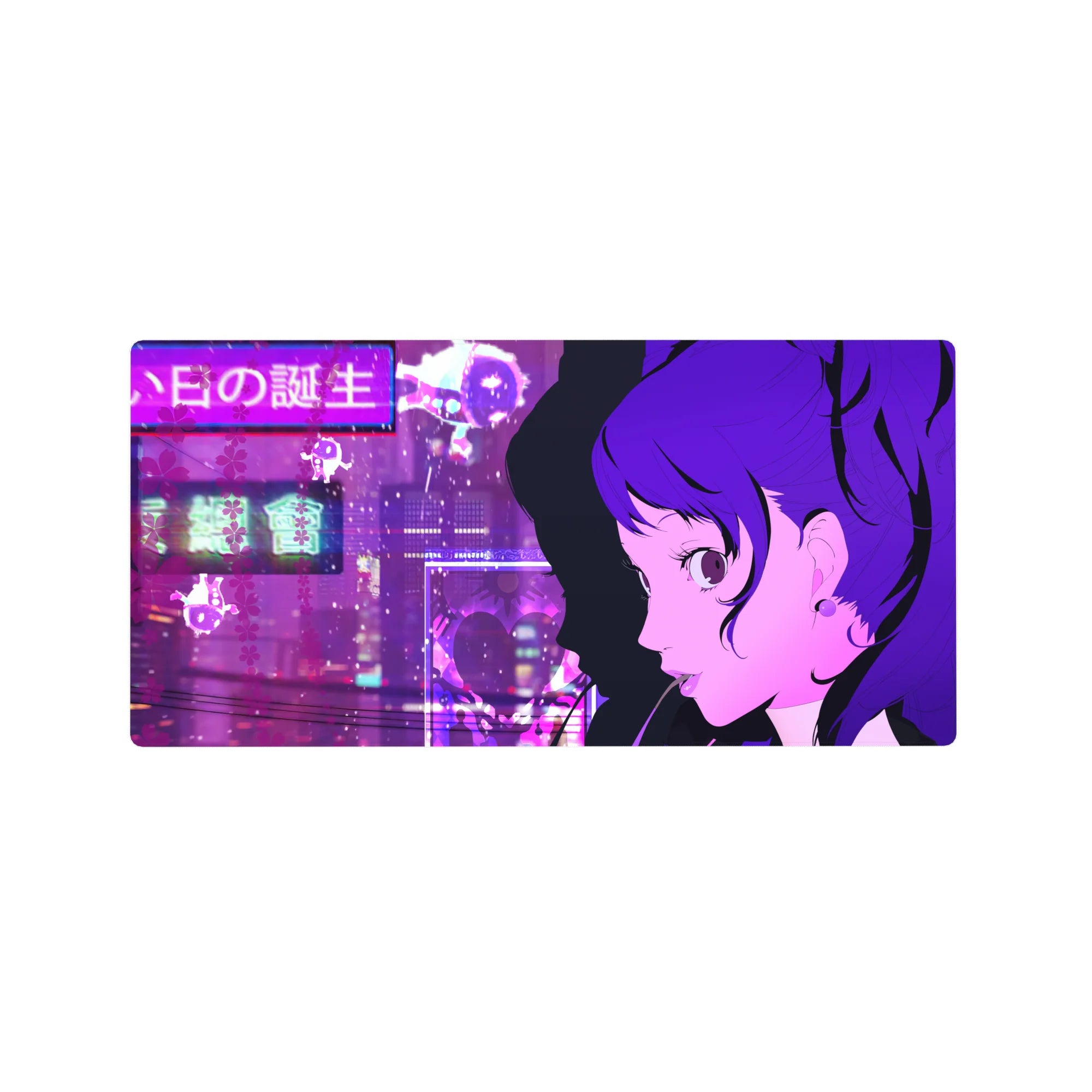 Kasumi Yoshizawa anime mouse pad from Persona 5 Royal, 32x16 inches, with a violet cityscape and cherry blossoms.