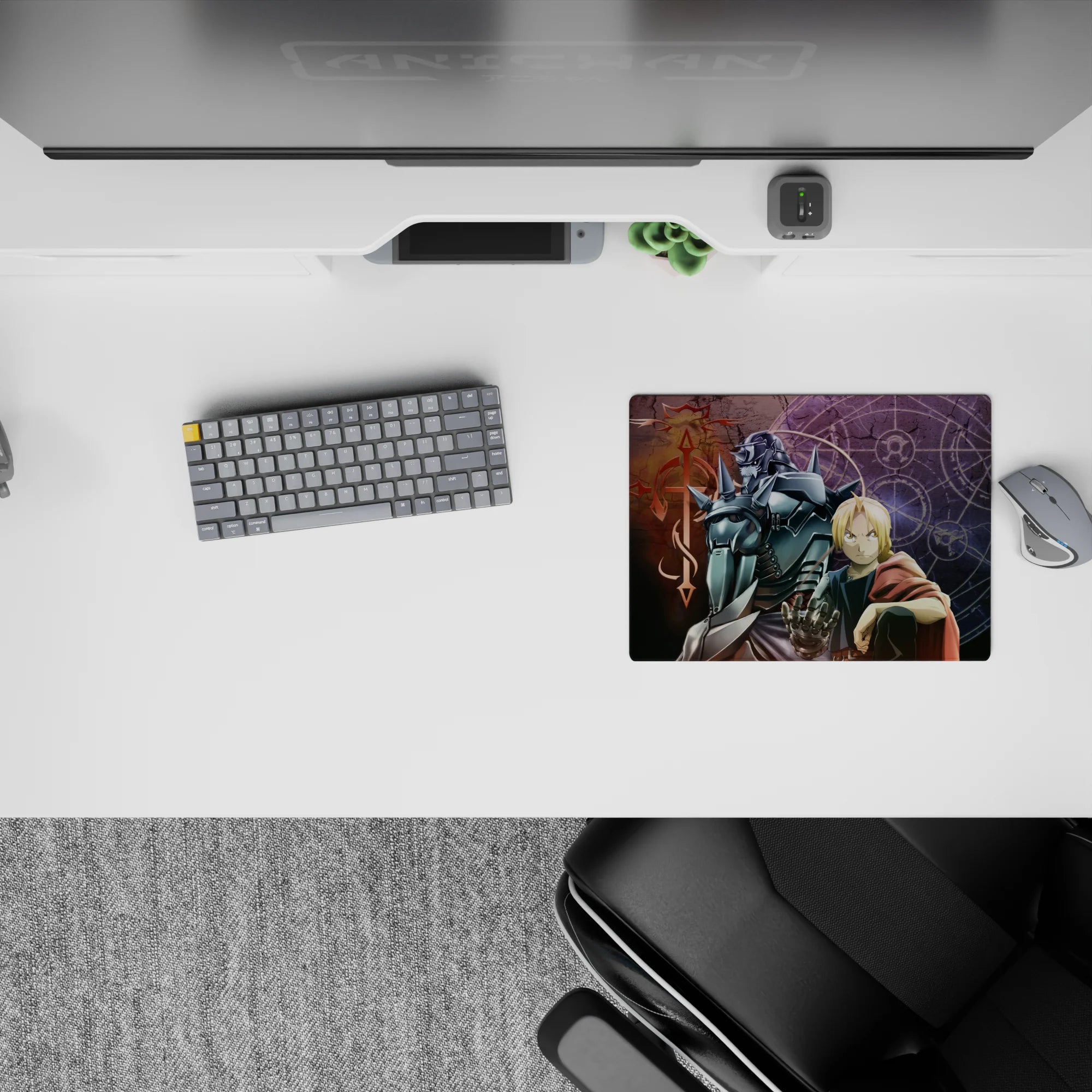 Intense purple glow anime mouse pad 14x10 inches with transmutation circles and cold steel highlights.