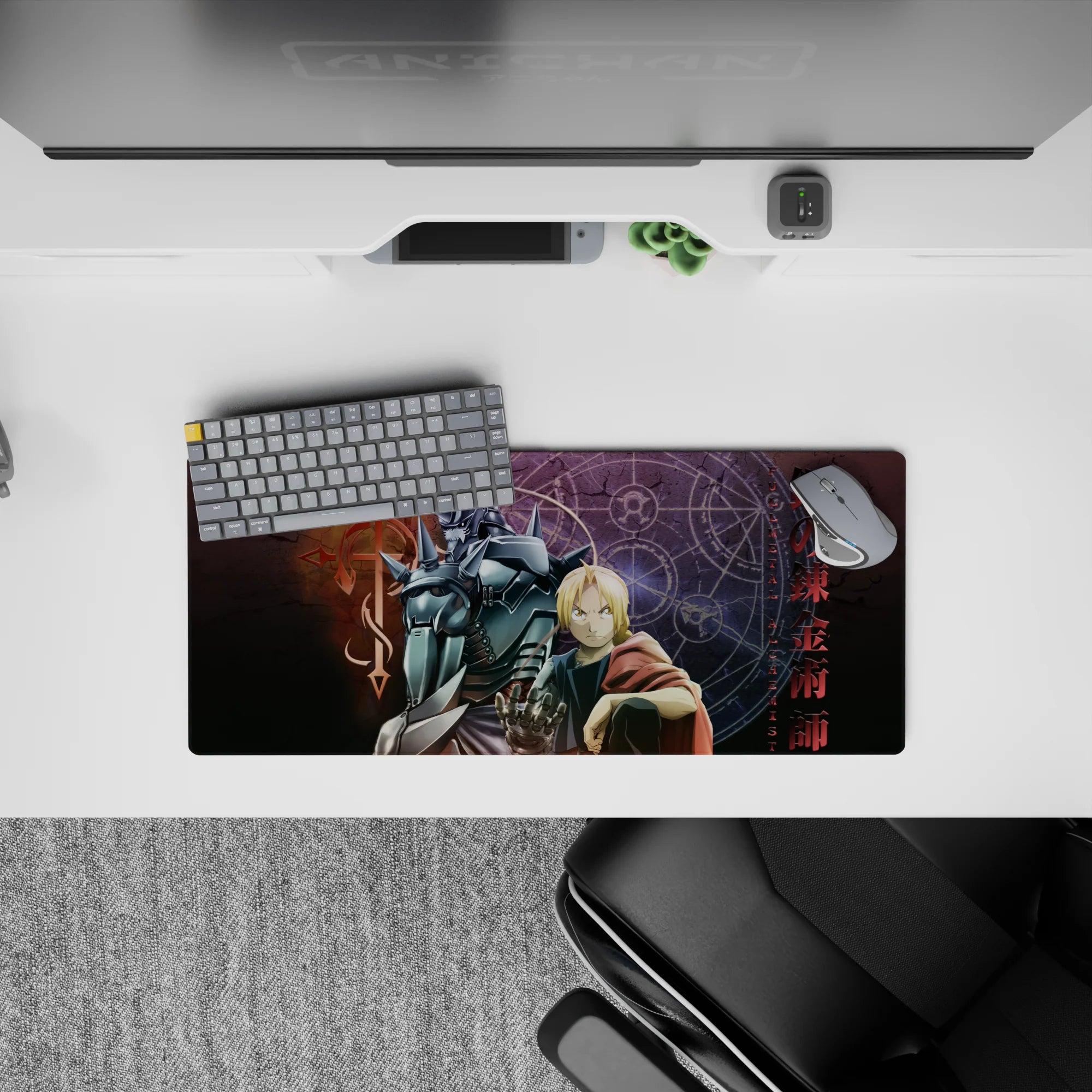 28x12 inches anime mouse pad in purple glow and cold steel highlights, intense clean look for gaming.